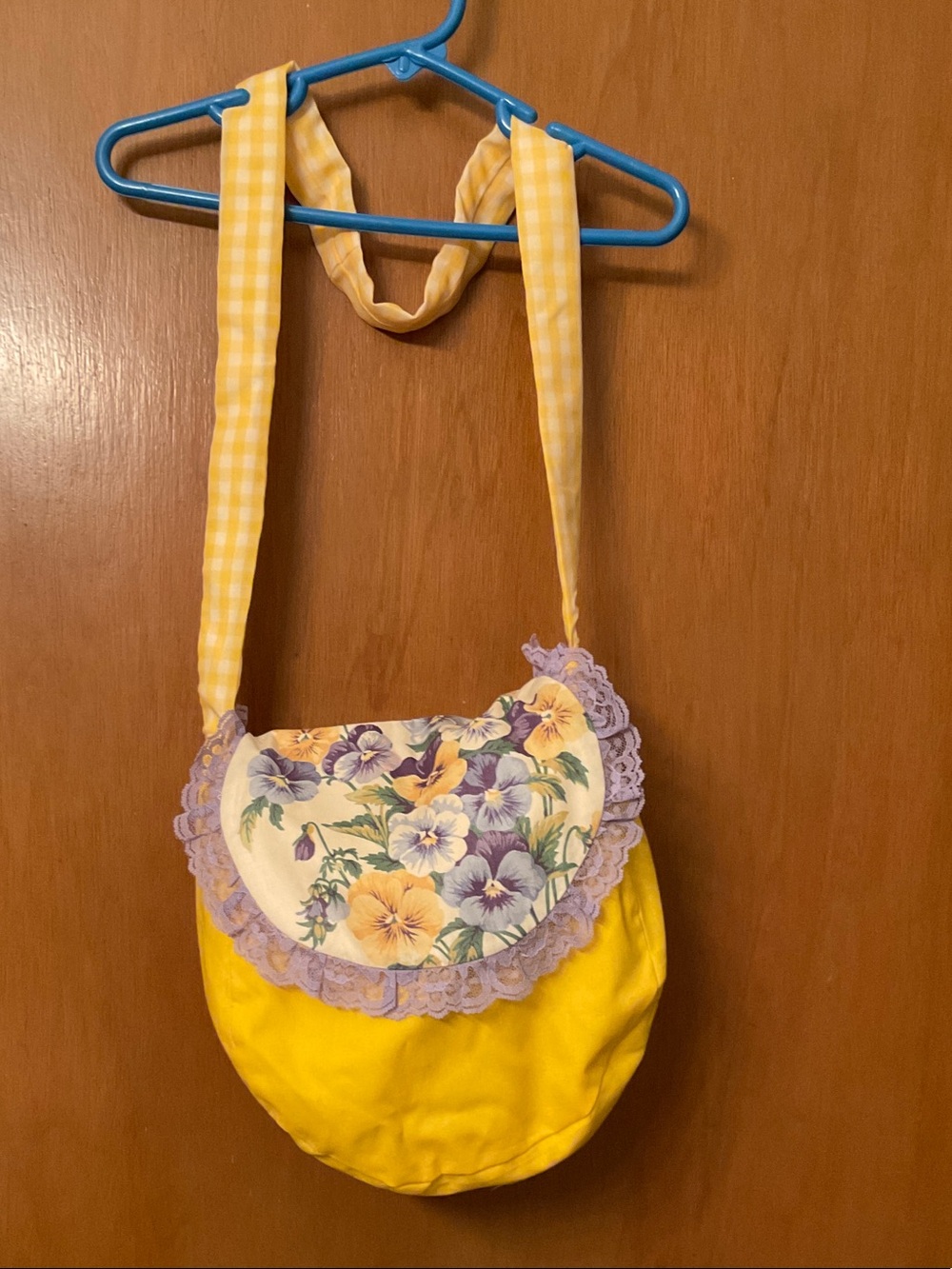 Yellow Floral Crossbody Bag with Lavender Lace Trim
